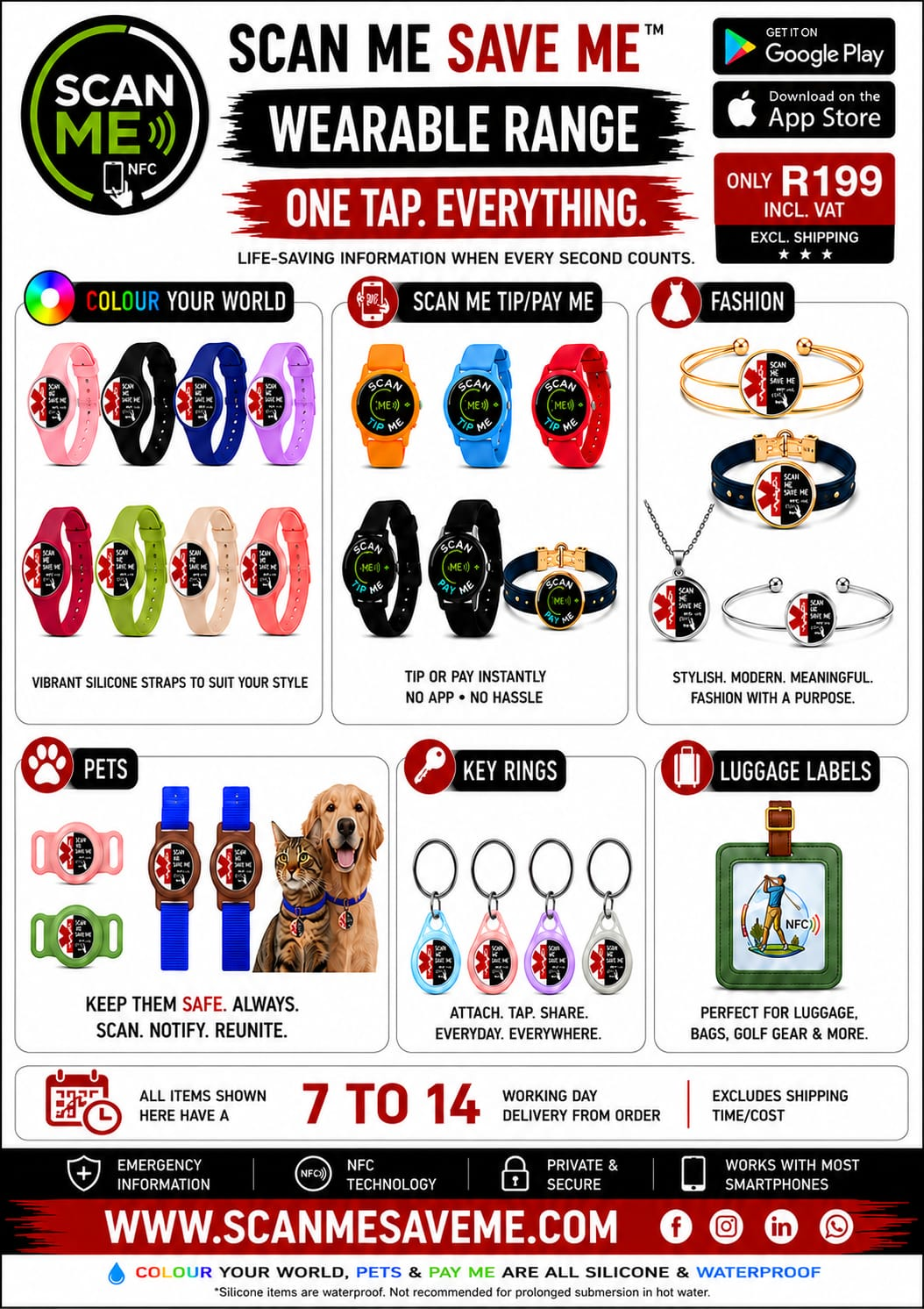 Scan Me Save Me full wearable range — silicone straps, Tip Me and Pay Me watches, jewellery, pet tags, keyrings and luggage labels